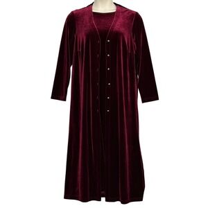 VTG Burgundy Velvet Womens 2 Pc Dress 16 Shift Duster Cardigan Set Goth Romantic